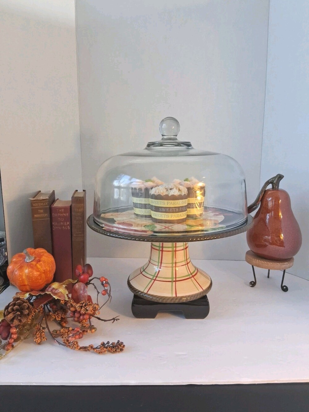 Plaid Ceramic Pedestal Style Cake Stand w/Glass Cloché; FALL/or Holidays READY!